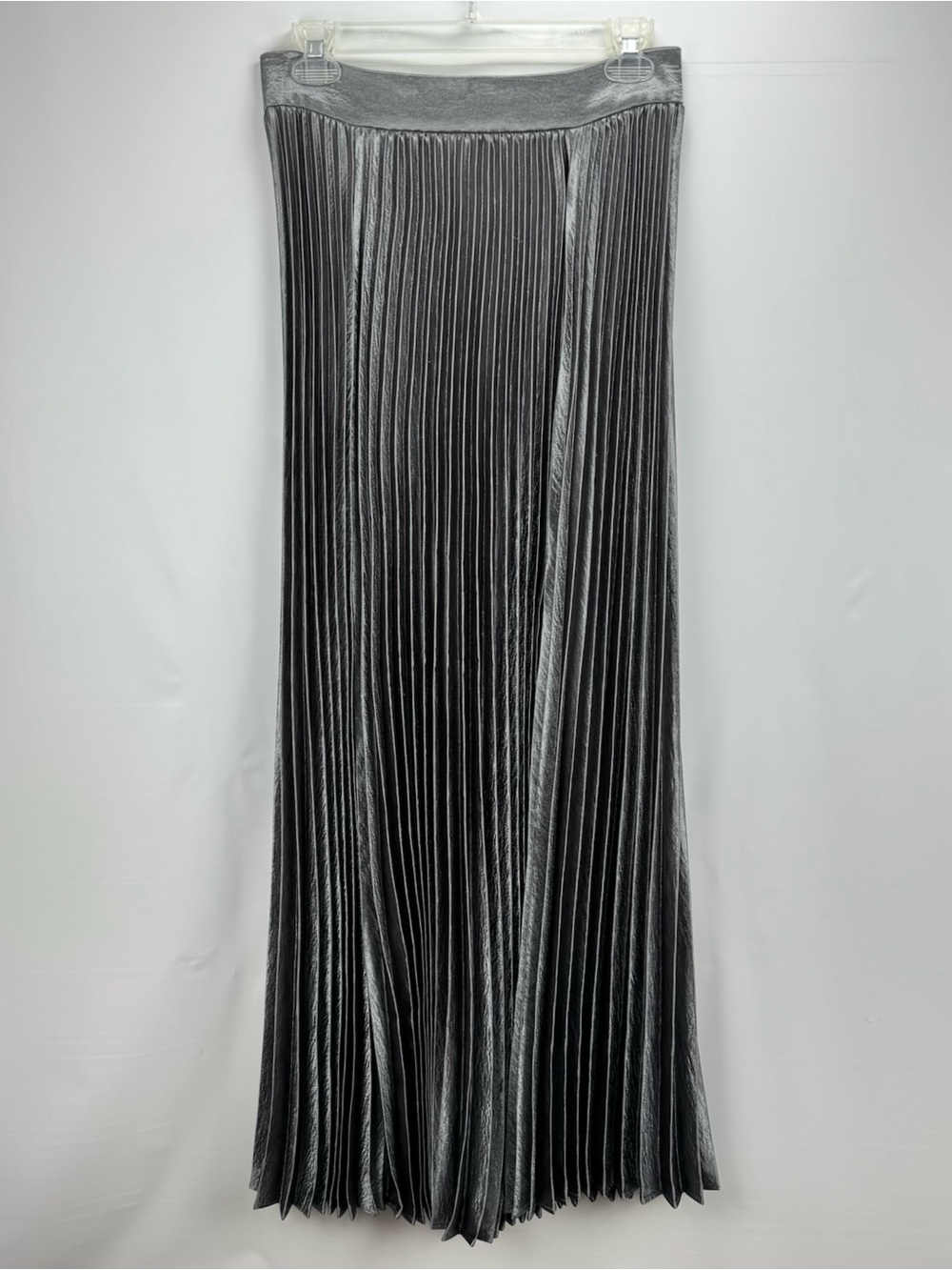 New York & Co Metallic Silver Grey Pleated Maxi Skirt with Slit